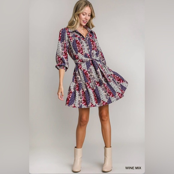 Umgee Dresses & Skirts - Mixed Print Collared Button Down Dress